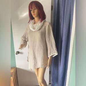 Kiyo L-XL Beige 100% Linen Lightweight Blouse Asymmetrical Hem